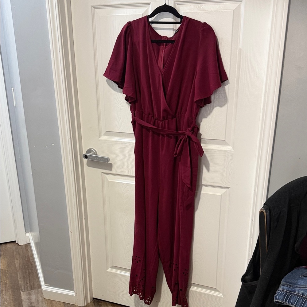 Boomchic Burgundy Jumpsuit with Belt and Lace Hem
